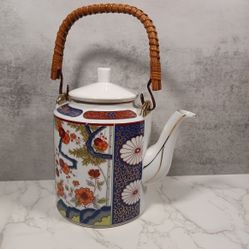 Vintage Colorful 4-Cup Ceramic Teapot – Steep & Serve w/ Rattan Handle (Made in Japan)