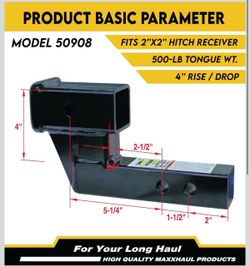 MaxxHaul Trailer Hitch Riser for 2" Receivers, 4" Rise or Drop Solid‑Steel Shank with Dual Pin Holes, 500 lb Tongue Weight, Powder‑Coated Finish, Incl