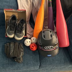 Baseball Helmet, Bats, Cleats, Pants, Glove, Tee Balls