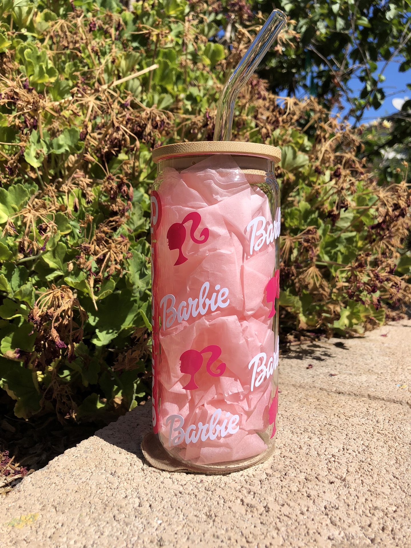 Beer Glass Cup With Bamboo Lid And Glass Straw - Barbie