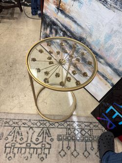 Gold Metal Floral Glass Top Accent Table