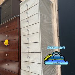 New Paulina White Wood Eight Drawer Dresser With Diamond Handle Knobs 