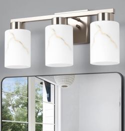 3-Light Bathroom Light Fixtures, Modern Vanity Lights, Brushed Nickel Metal Wall Lamp with White Marble Glass for Bathroom, Mirror, Living Room, Bedro