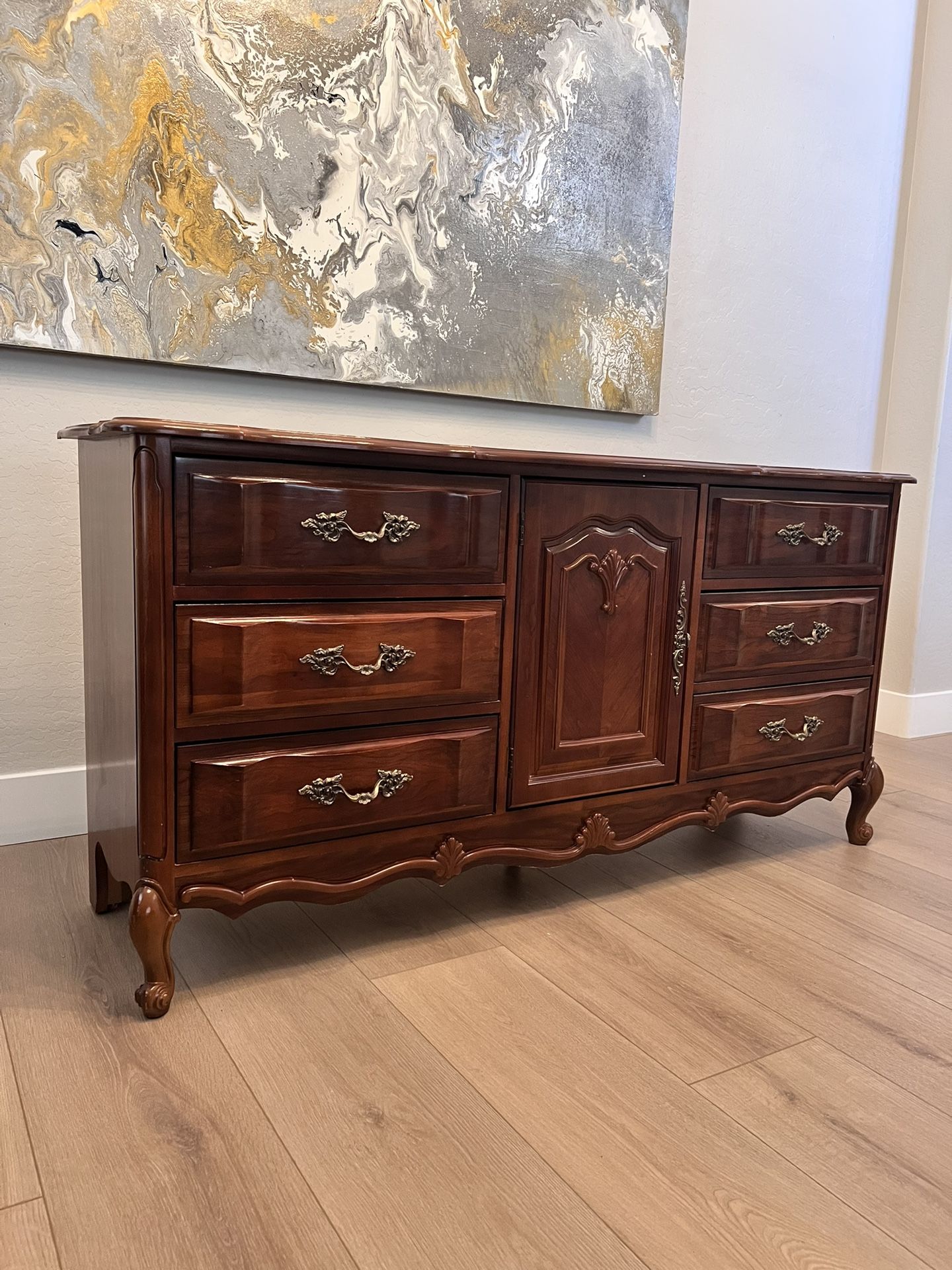 Antique 9 Drawer French Provincial Dresser BASSETT FURNITURE - Chalon Cherry 64" Country French Dresser