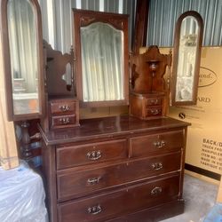 Antique Mahogany Dresser with Mirrors and Head & Foot Boards with Rails