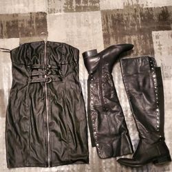 Black patent leather looking dress size medium/ boots size 8