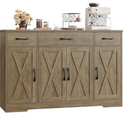HOSTACK Buffet Sideboard Cabinet with Drawers, 55" Large Buffet Storage Cabinet with Shelves and Doors, Modern Farmhouse Coffee Bar Station Wood Kitch