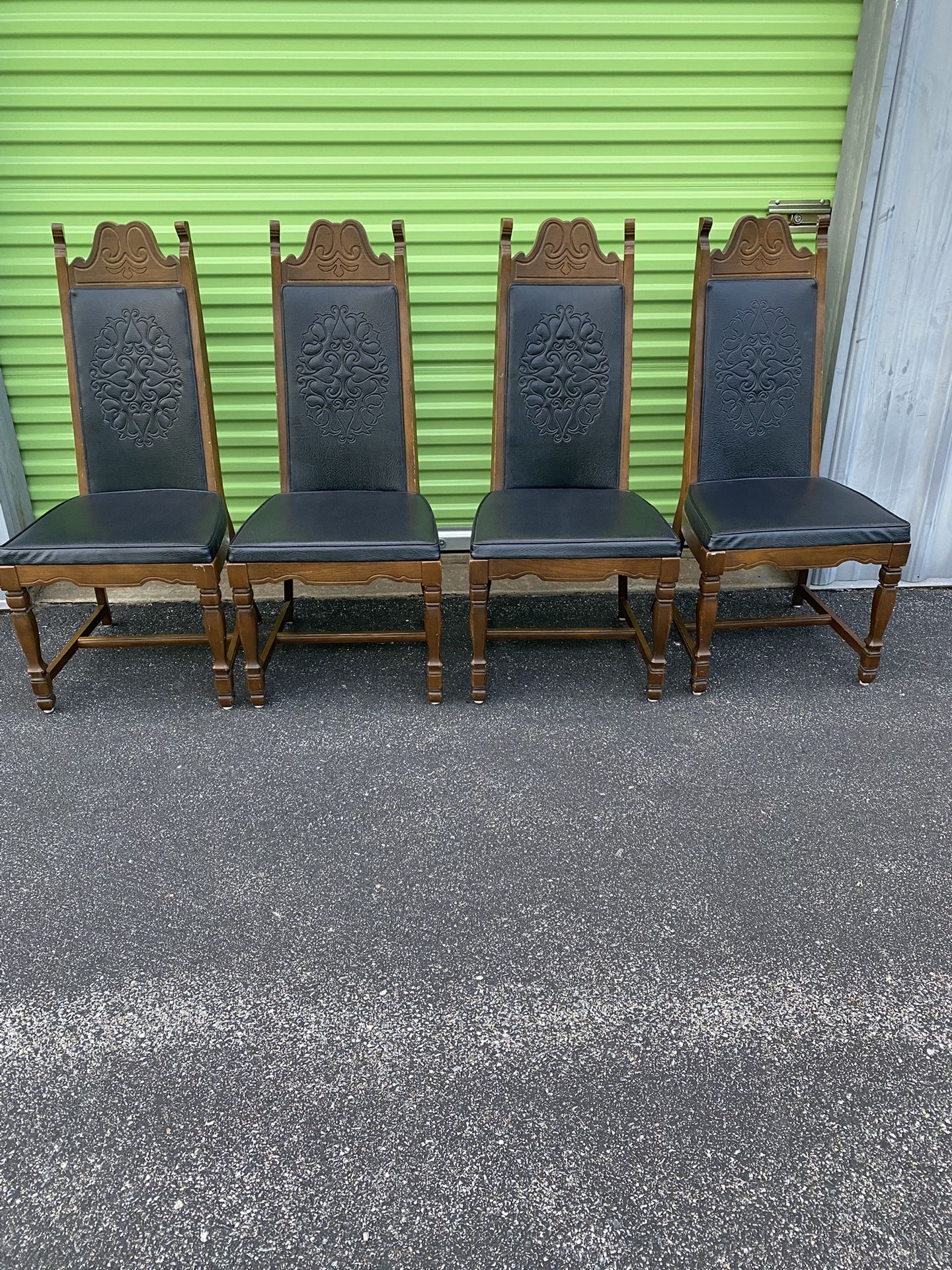 Set Of 4 Vintage Leather With Wooden Frame Dining Chairs