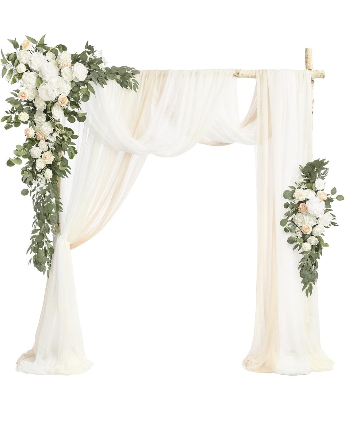 Ling's Moment 5 Pack White Luxury Artificial Flowers for Wedding Arch with Drapes, 2 Floral Arrangements, 3 Hanging Sheer Curtains, Sage Color, Ceremo