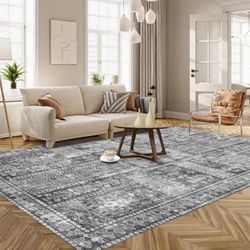 Vintage 9' x 12' Washable Area Rug - Stylish Indoor Rug for Living, Dining or Bedroom - Lightweight Carpet with Non-Slip Backing - Foldable for Easy P