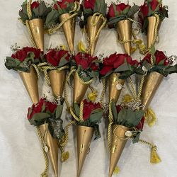 Decorative vintage-inspired tussie mussie cones with artificial roses, designed as hanging ornaments. 13 Total