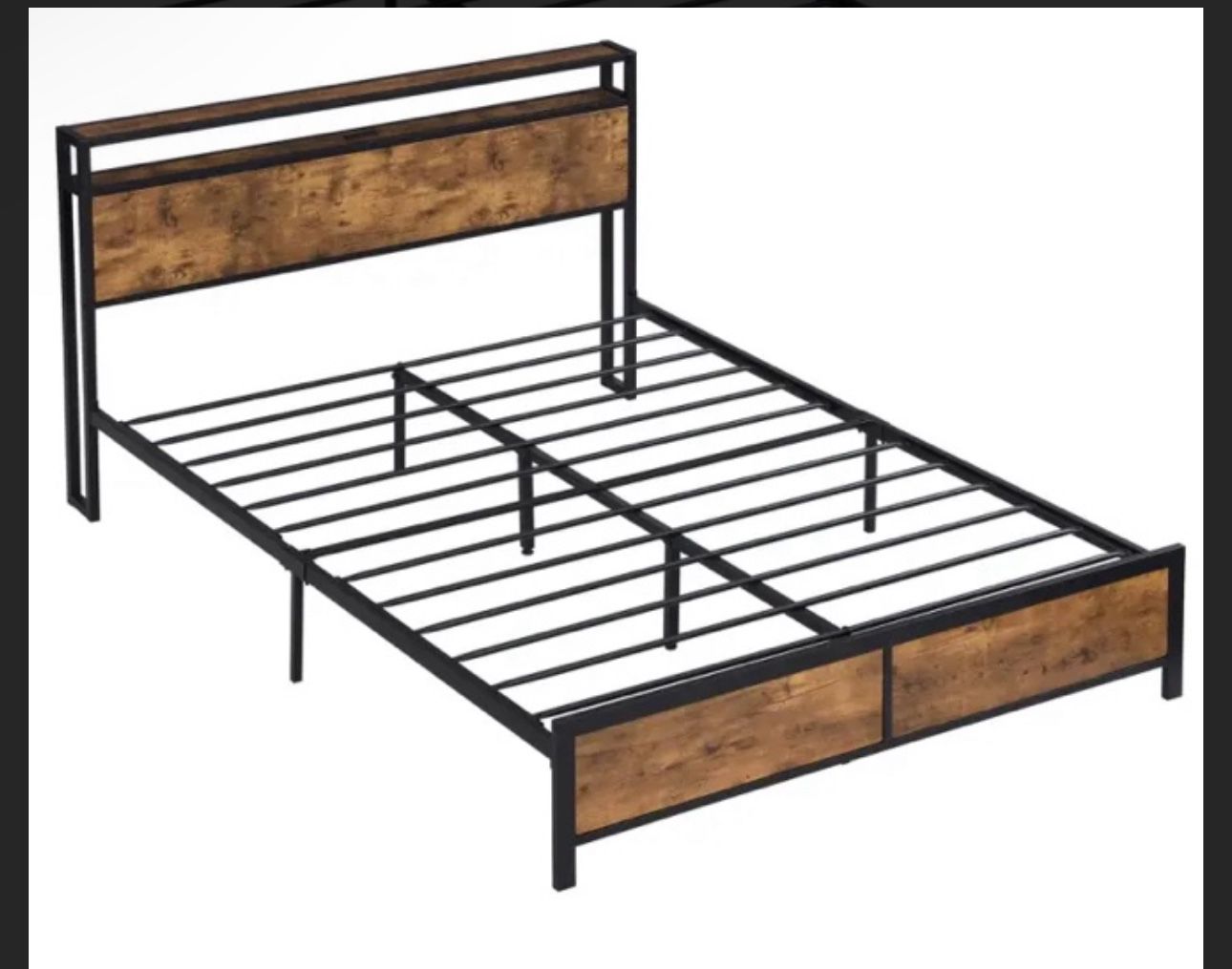 Industrial Full Bed Frame with LED Lights and 2 USB Ports, Bed Frame Full Size with Storage, Rustic Brown