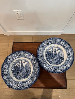 Liberty Blue Staffordshire Old North Church salad Plates Set of 2 8¾" Made in England Description