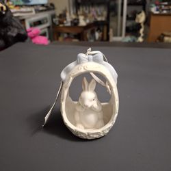 Vintage Ceramic Easter Bunny Rabbit Inside Of An Open Egg W/Periwinkle Bow-Can Stand Or Hang Like An Ornament, Original Label 3 5/8"H
