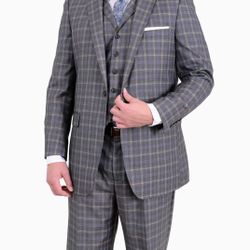 Giorgio Forelli Regular Fit Gray With Blue Plaid Three Piece One ButtonSuit Size 42 Long
