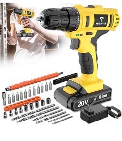 Tegatok 20V Cordless Drill Kit w/ Battery & Charger, LED Light, 18+1 Torque Settings