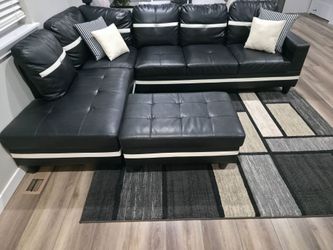 Black Faux Leather Sectional Sofa with Ottoman