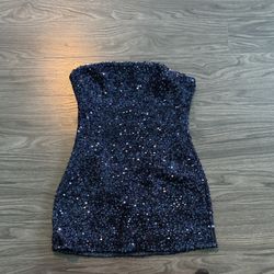 Navy Blue Sequin Strapless  Dress 
