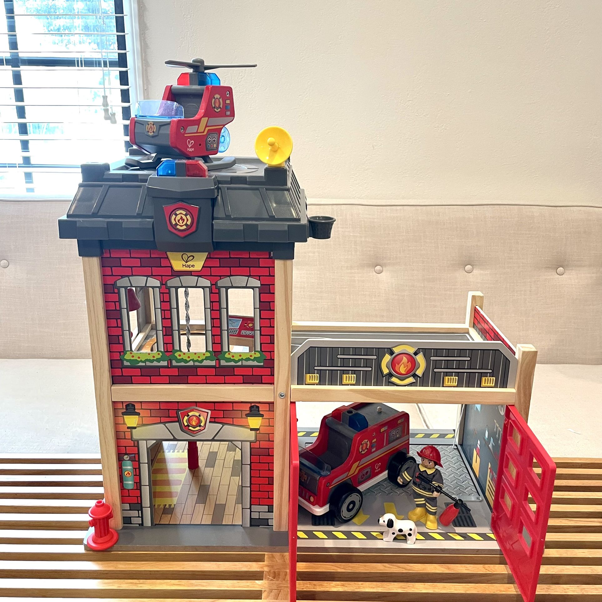 Hape Fire Station Wooden Firehouse Playset - Fire Department Firefighter Fireman Fire Truck Fire Helicopter