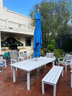White Outdoor Patio Table with Bench and Umbrella