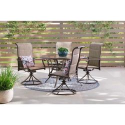 Hampton Bay Riverbrook Espresso Brown 5-Piece Outdoor Patio Aluminum Round Glass Top Dining Set with Padded Sling Swivel Chairs