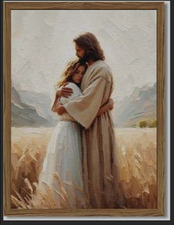 Framed 3D Textured Christian Wall Art - Jesus Embracing Woman Wall Decor Paintings, Hand-Drawn Sandstone Pictures Prints Religious Home Decor for Livi