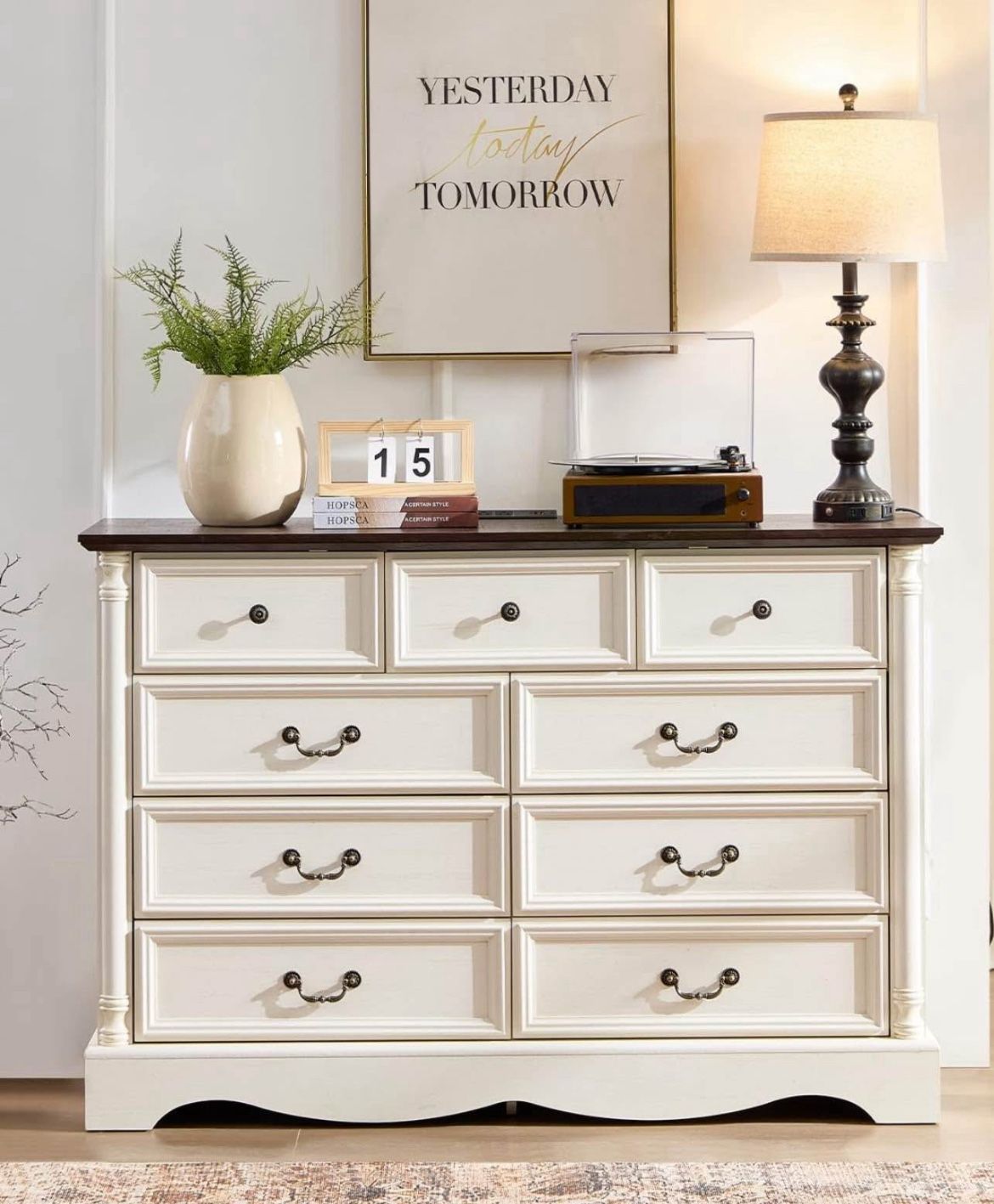 9 Drawers Dresser, 54" Wide Farmhouse Chest of Drawers with Charging Station, Distressed Finish Design, Modern Storage Dressers Organizer