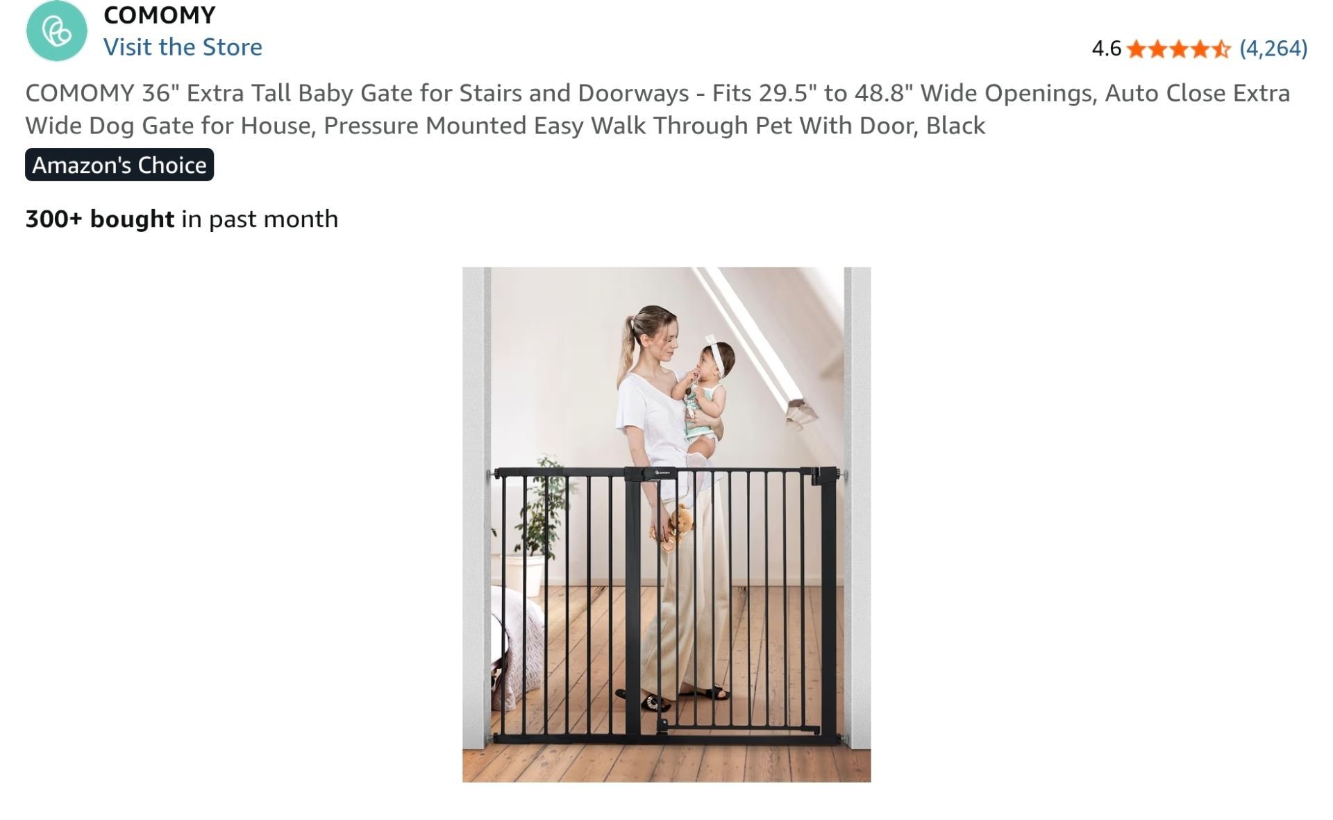COMOMY 36" Extra Tall Baby Gate for Stairs and Doorways - Fits 29.5" to 48.8" Wide Openings, Auto Close Extra Wide Dog Gate for House, Pressure Mounte