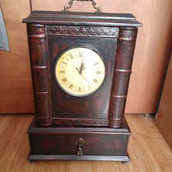 Vintage Footed Wooden Jewelry Box With Clock & Drawer 