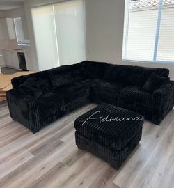 Elegant‼️ 4-Pc FurLike Jumbo Black Corduroy Sectional Sofa With Ottoman