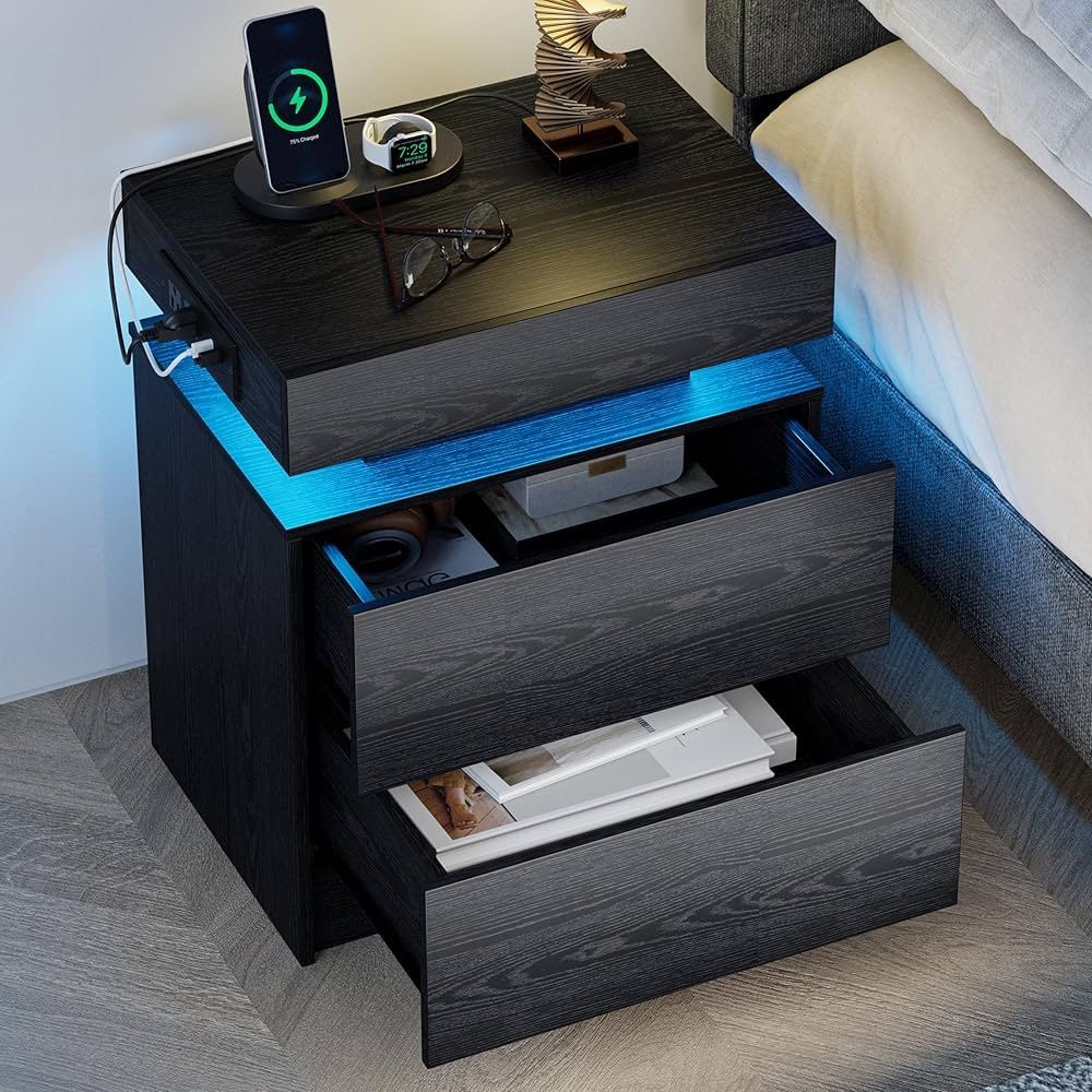 Black Nightstand Bedside Tables End Table Night Stand with Charging Station Modern with LED Light with Drawers