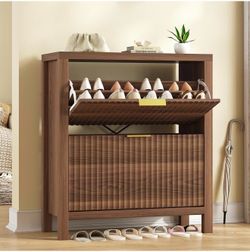 Walnut Brown Fluted Shoe Storage Cabinet