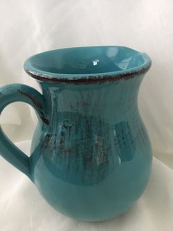 Vintage Turquoise Teal Pitcher - Glazed Terra Cotta 