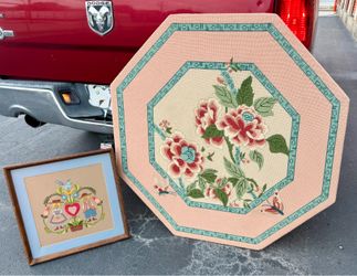 Vintage Needlepoint & Embroidery Lot – Large 4ft Octagon + 3 Folk Art Framed Pieces