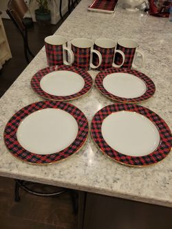 Vintage Lillian Vernon Mug and Saucer  Christmas Plaid Set