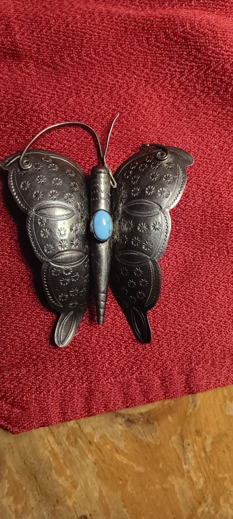 1930s Era Butterfly Design Pin or Brooch -Turquoise and Sterling Silver