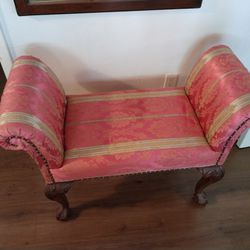 Chippendale Mahogany Ball and Claw Pink Upholstered Bench by Paramount Antiques Inc