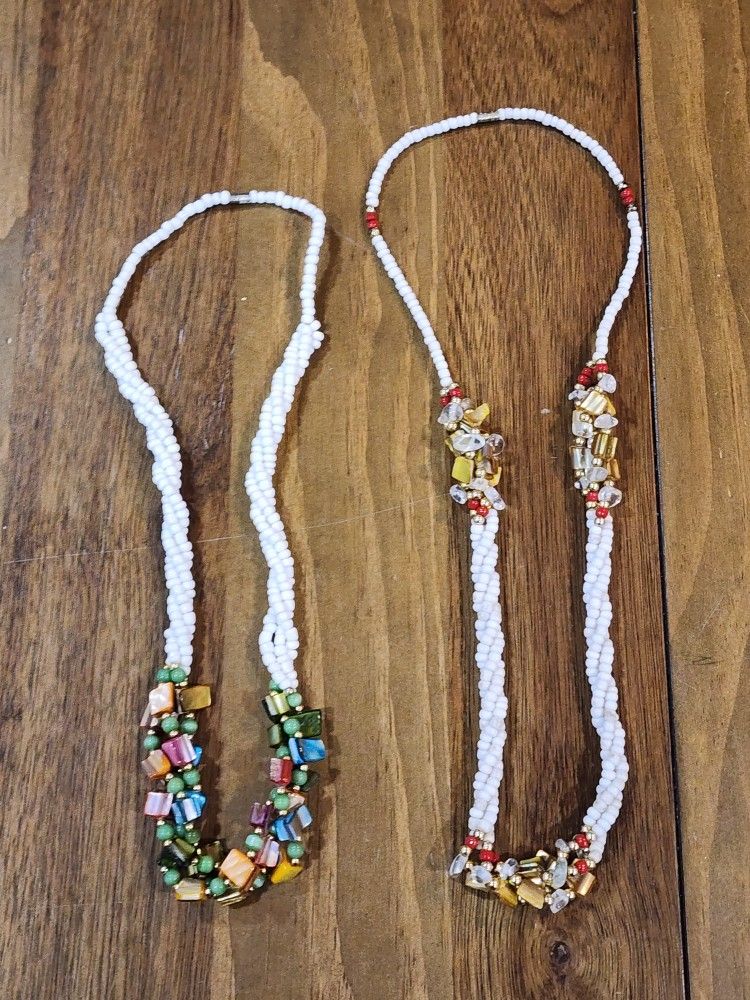 Natural Gemstone Multicolor Stone Bead Necklace 2 Set Boho Statement Barrel