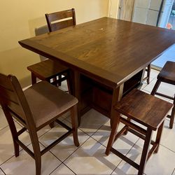 Hardwood Hightop Dining Table with built in Wine Racks and Storage with Chairs