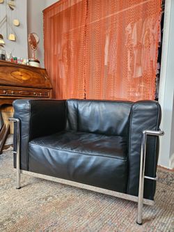 Black Leather Club Chair with Chrome Frame