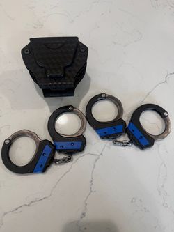 *USED* ASP Blue Chain Handcuffs (Pair) w Double Handcuff Case (BasketWeave) Holster