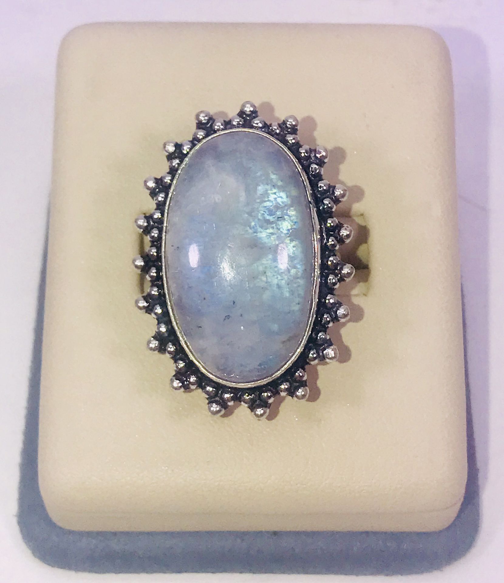 Natural fiery blue rainbow 🌈 moonstone large oval stone & .925 stamped sterling silver embellished ring size 7 NEW!