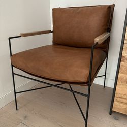 Modern Leather Metal Wood Accent Chair