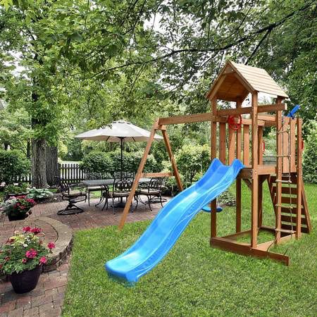 Deluxe Wooden Swing set with Covered Canopy, Slide