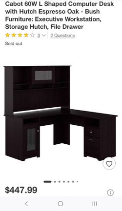 Cabot 60W L shaped computer desk with hutch espresso oak - bush furniture: executive workstation, storage hutch, file drawer