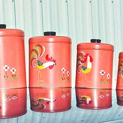 Ransburg rooster art metal salmon pink coral 1950s mcm farmhouse antique canister set.