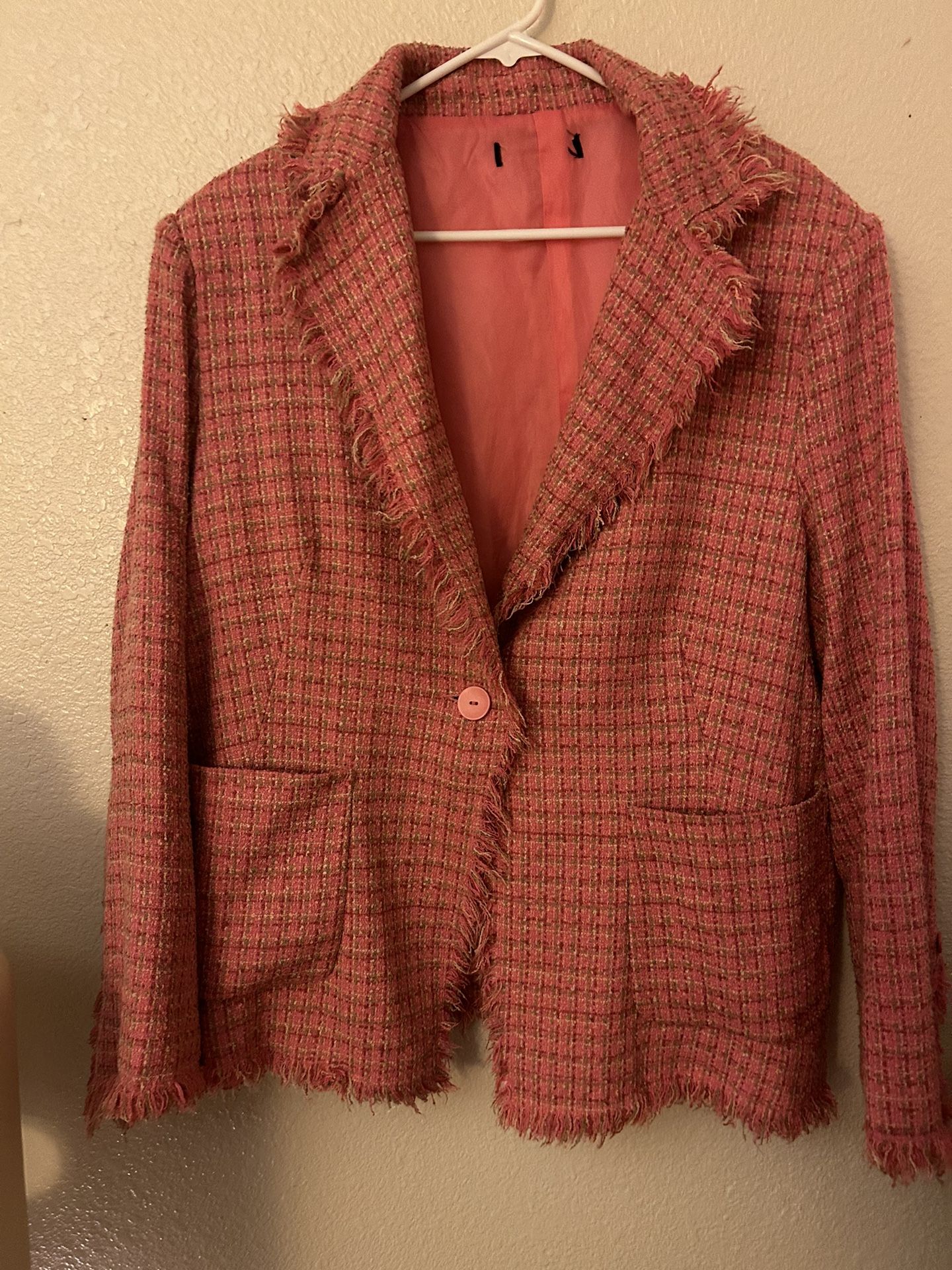 Women’s Pink Preppy Fringe Button Down Blazer Jacket Size XL
