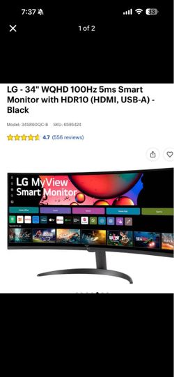 LG 34" Curved UltraWide WQHD(3440x1440) Smart Monitor with HDR10 99% sRGB, 100Hz, Magic Remote, AirPlay 2 & Adjustable Stand, webOS