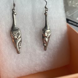 Sterling Silver Vintage Cat Dangle Earrings 