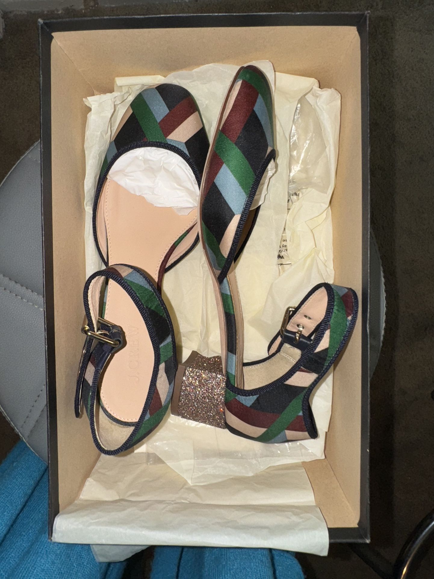 Colorful patterned flats by J.Crew with ankle strap.